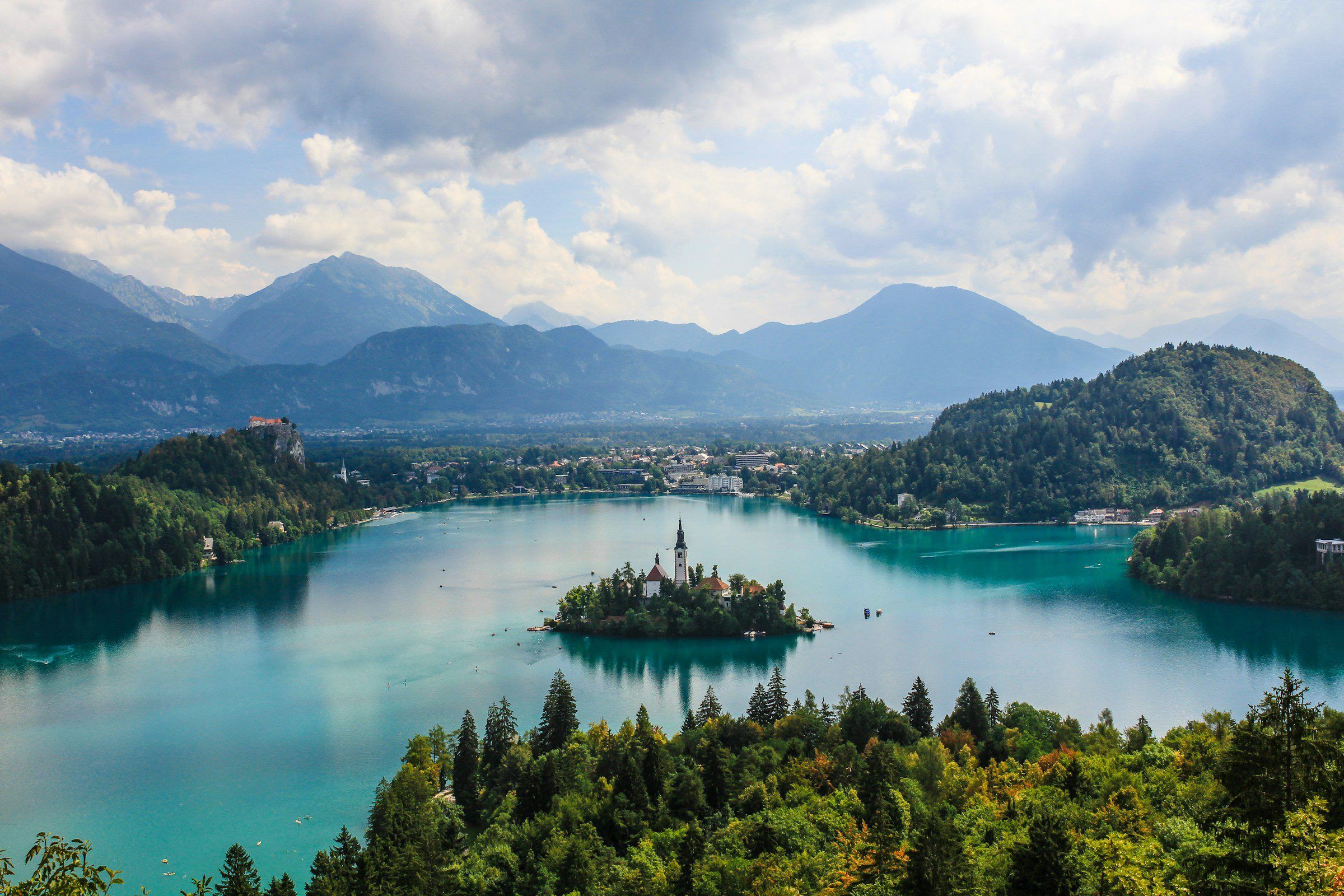 Lake Bled with its island church and the Julian Alps behind