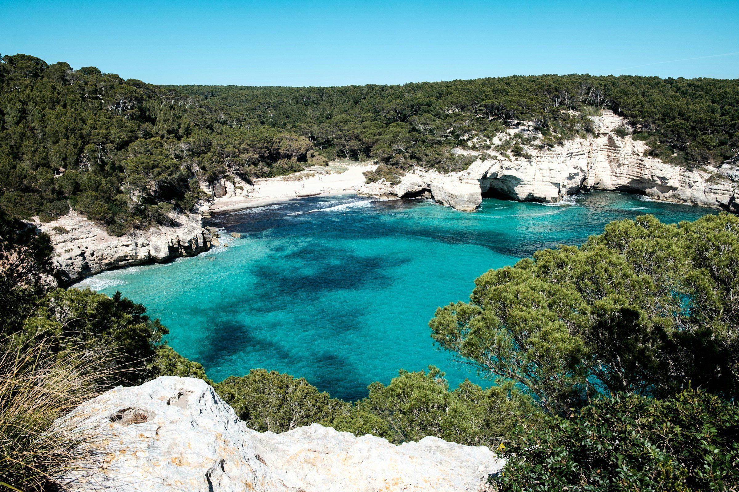 Cala Mitjana in Menorca, a turquoise cove ringed by white limestone and pines